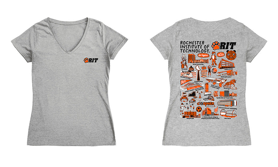 RIT Tigers Hand Sketched Vive La Fete Impressions Artwork Black Women Cotton Short Sleeve V-Neck Tshirt