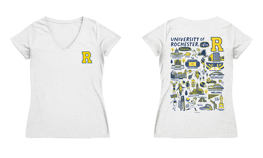 Rochester Yellowjackets Hand Sketched Vive La Fete Impressions Artwork Navy Women Cotton Short Sleeve V-Neck Tshirt