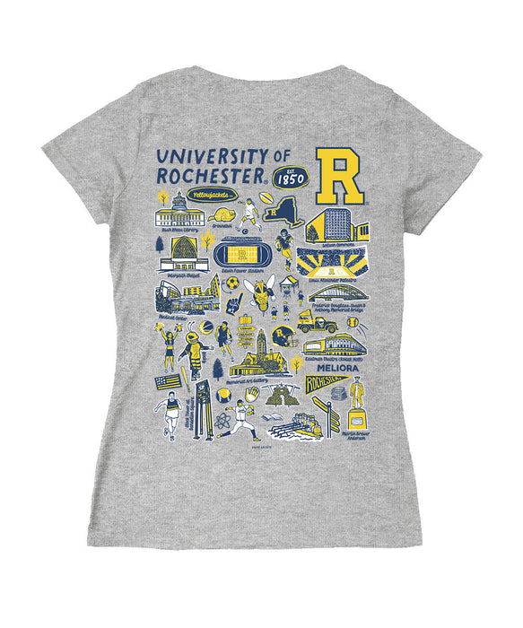 Rochester Yellowjackets Hand Sketched Vive La Fete Impressions Artwork Navy Women Cotton Short Sleeve V-Neck Tshirt