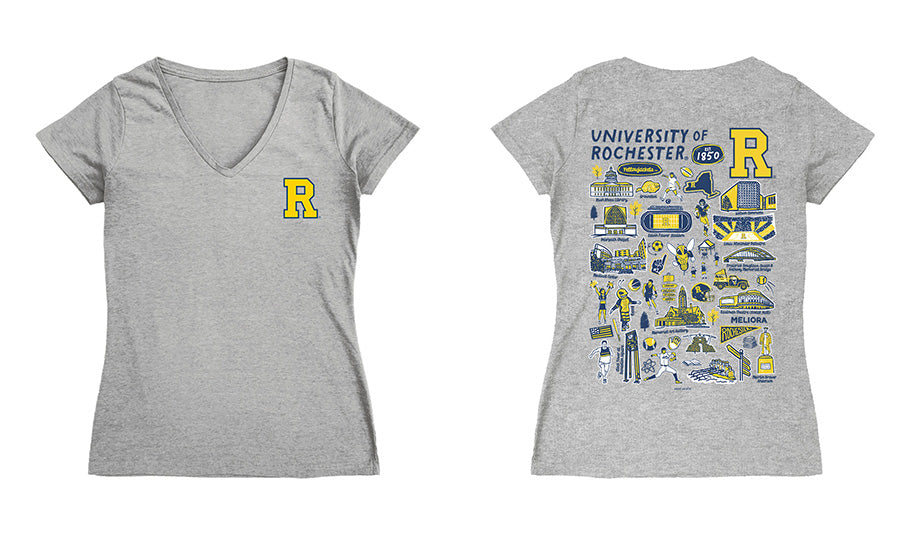 Rochester Yellowjackets Hand Sketched Vive La Fete Impressions Artwork Navy Women Cotton Short Sleeve V-Neck Tshirt