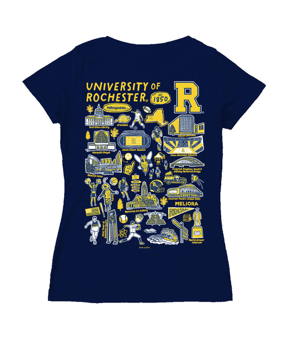 Rochester Yellowjackets Hand Sketched Vive La Fete Impressions Artwork Navy Women Cotton Short Sleeve V-Neck Tshirt