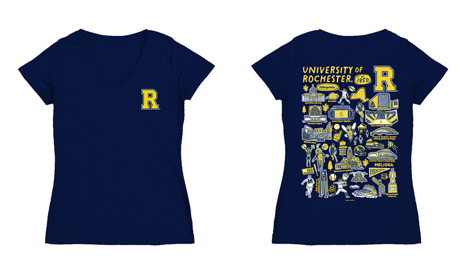 Rochester Yellowjackets Hand Sketched Vive La Fete Impressions Artwork Navy Women Cotton Short Sleeve V-Neck Tshirt