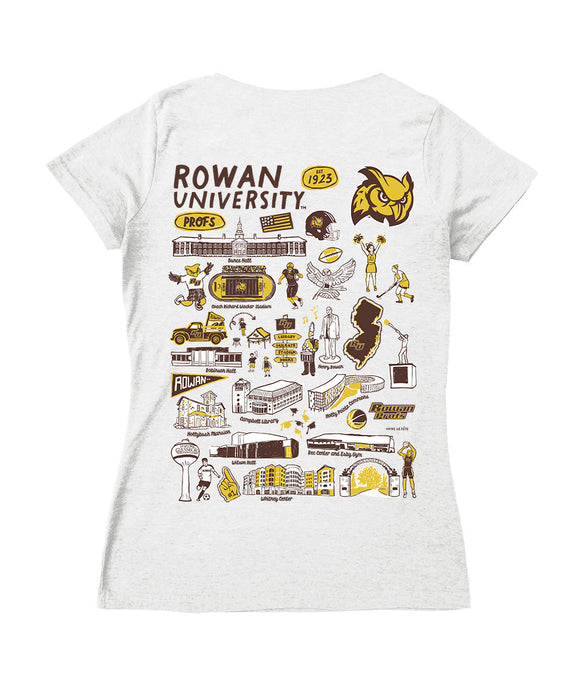 Rowan Profs Hand Sketched Vive La Fete Impressions Artwork Grey Women Cotton Short Sleeve V-Neck Tshirt