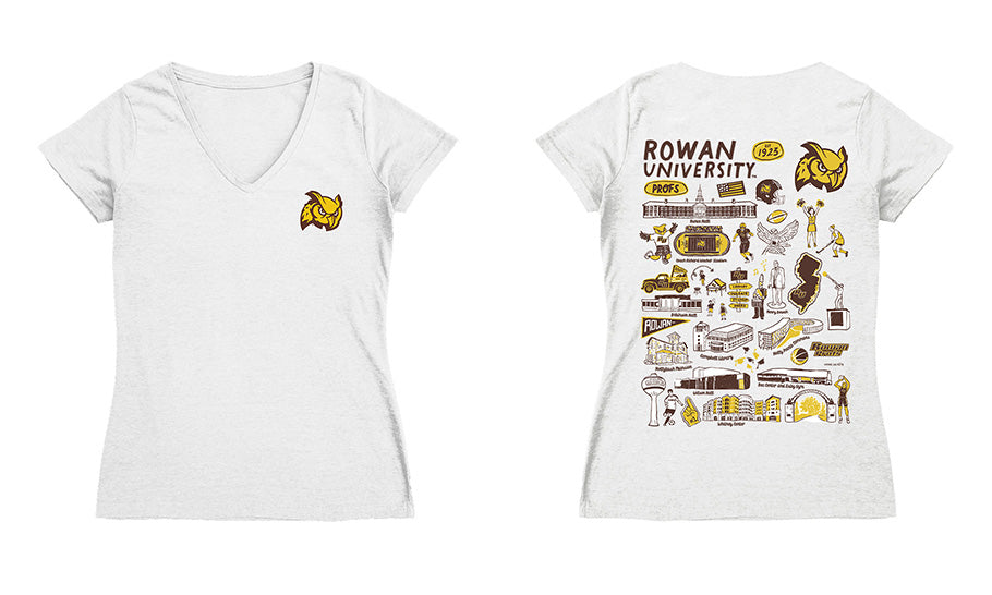 Rowan Profs Hand Sketched Vive La Fete Impressions Artwork Grey Women Cotton Short Sleeve V-Neck Tshirt