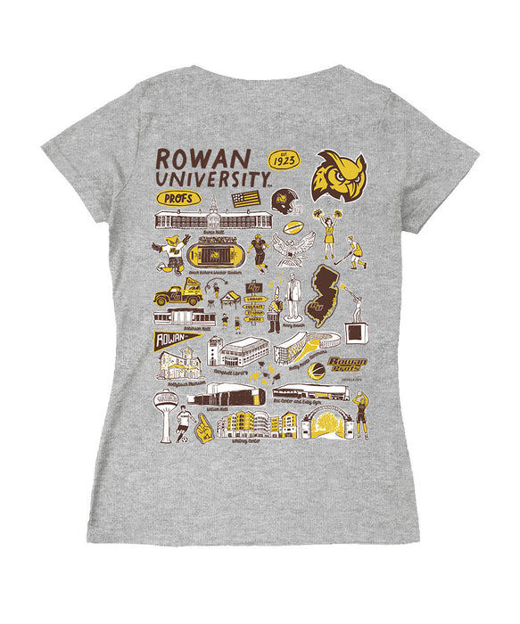Rowan Profs Hand Sketched Vive La Fete Impressions Artwork Grey Women Cotton Short Sleeve V-Neck Tshirt