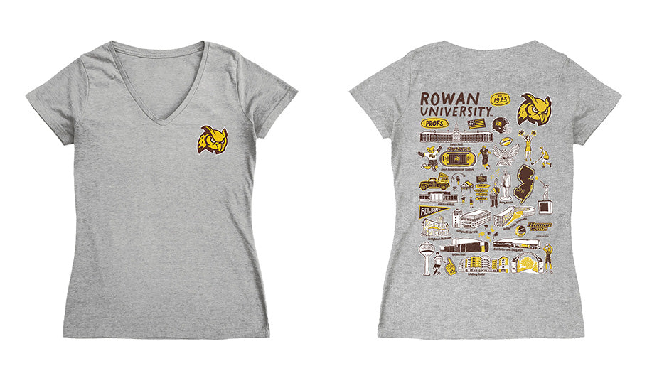 Rowan Profs Hand Sketched Vive La Fete Impressions Artwork Grey Women Cotton Short Sleeve V-Neck Tshirt