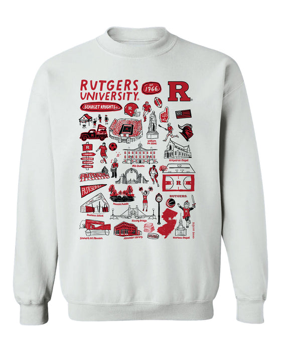 Rutgers Scarlet Knights Hand Sketched Vive La Fete Impressions White Cotton Crewneck Sweatshirt for Women