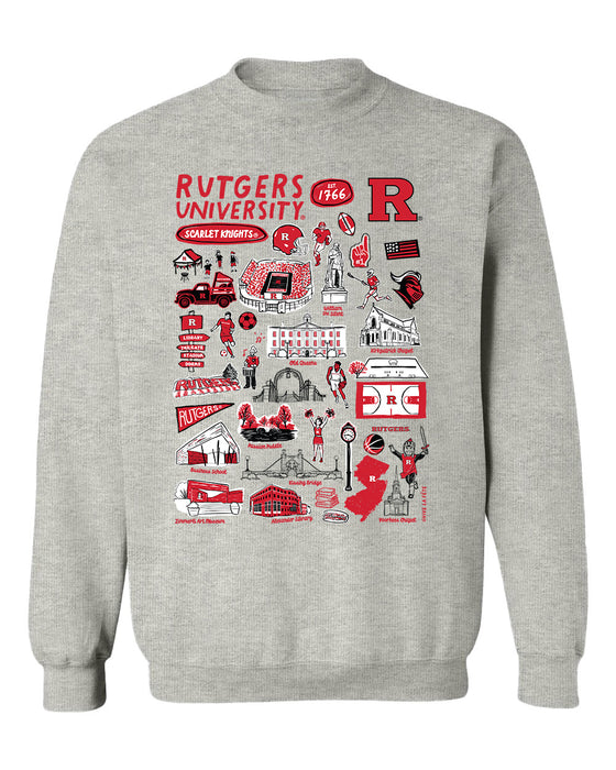 Rutgers Scarlet Knights Hand Sketched Vive La Fete Impressions Grey Cotton Crewneck Sweatshirt for Women