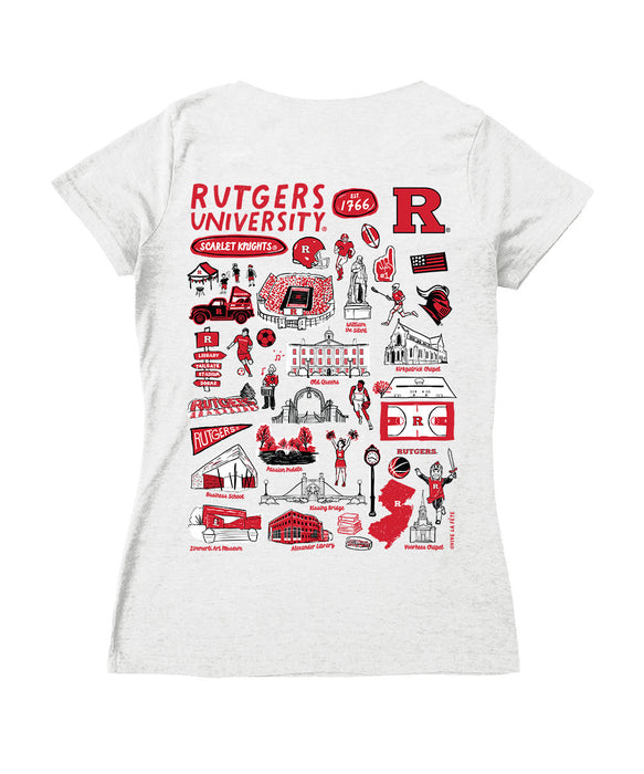 Rutgers Scarlet Knights Hand Sketched Vive La Fete Impressions Artwork Red Women Cotton Short Sleeve V-Neck Tshirt