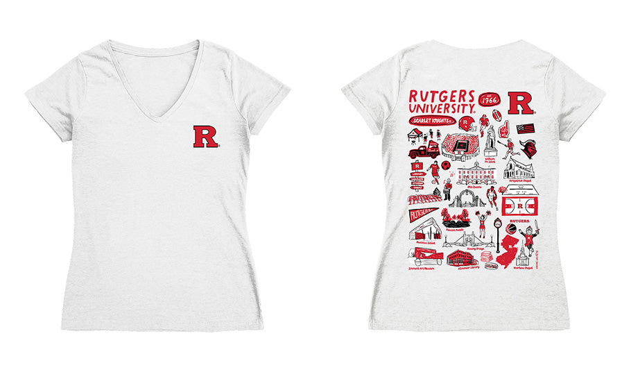 Rutgers Scarlet Knights Hand Sketched Vive La Fete Impressions Artwork Red Women Cotton Short Sleeve V-Neck Tshirt