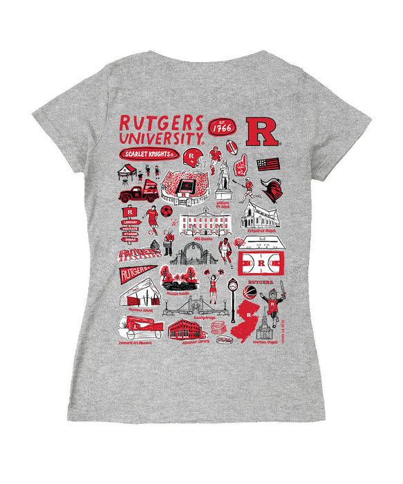 Rutgers Scarlet Knights Hand Sketched Vive La Fete Impressions Artwork Red Women Cotton Short Sleeve V-Neck Tshirt
