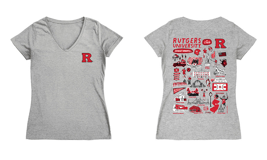 Rutgers Scarlet Knights Hand Sketched Vive La Fete Impressions Artwork Red Women Cotton Short Sleeve V-Neck Tshirt