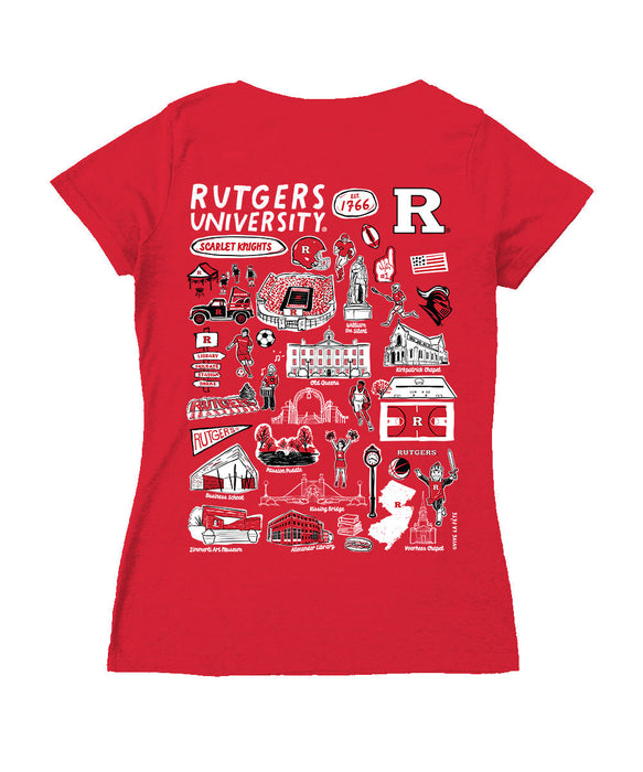 Rutgers Scarlet Knights Hand Sketched Vive La Fete Impressions Artwork Red Women Cotton Short Sleeve V-Neck Tshirt