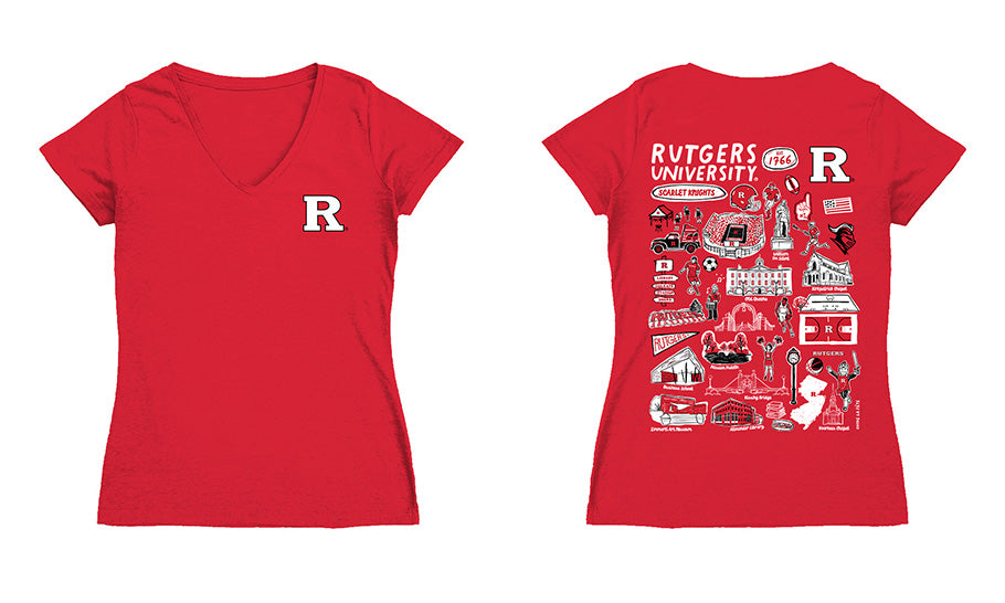 Rutgers Scarlet Knights Hand Sketched Vive La Fete Impressions Artwork Red Women Cotton Short Sleeve V-Neck Tshirt