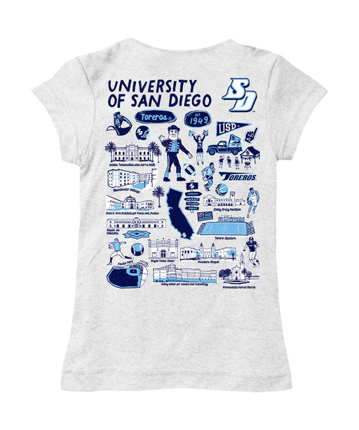 San Diego Toreros Hand Sketched Vive La Fete Impressions Artwork White Girls Cotton Short Sleeve Tee - Vive La Fête - Online Apparel Store