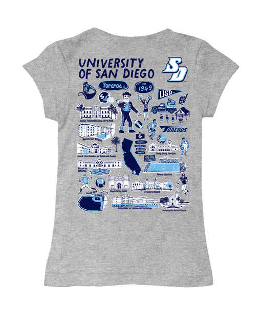 San Diego Toreros Hand Sketched Vive La Fete Impressions Artwork Grey Girls Cotton Short Sleeve Tee - Vive La Fête - Online Apparel Store