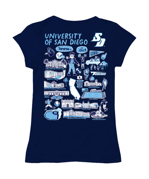 San Diego Toreros Hand Sketched Vive La Fete Impressions Artwork Navy Girls Cotton Short Sleeve Tee - Vive La Fête - Online Apparel Store