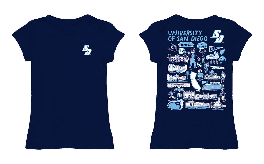 San Diego Toreros Hand Sketched Vive La Fete Impressions Artwork Navy Girls Cotton Short Sleeve Tee - Vive La Fête - Online Apparel Store