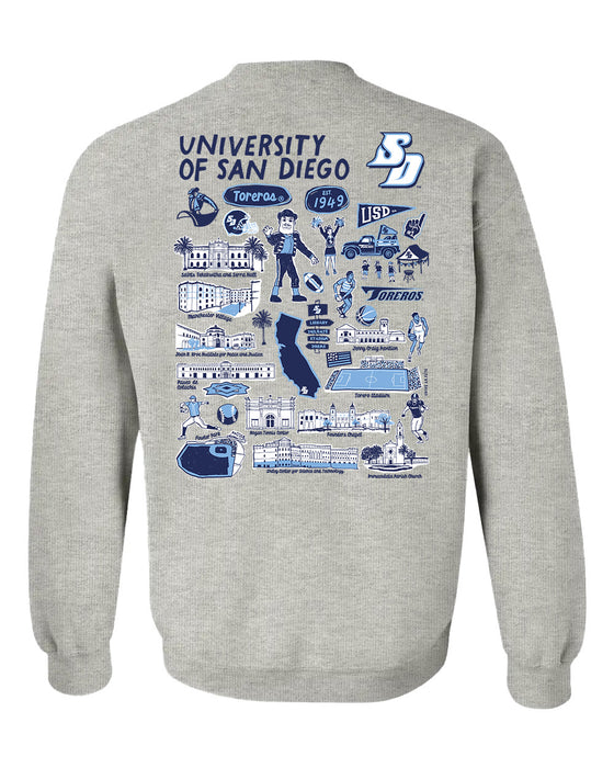 San Diego Toreros Hand Sketched Artwork Navy Crewneck Sweatshirt for Women - Vive La Fête - Online Apparel Store
