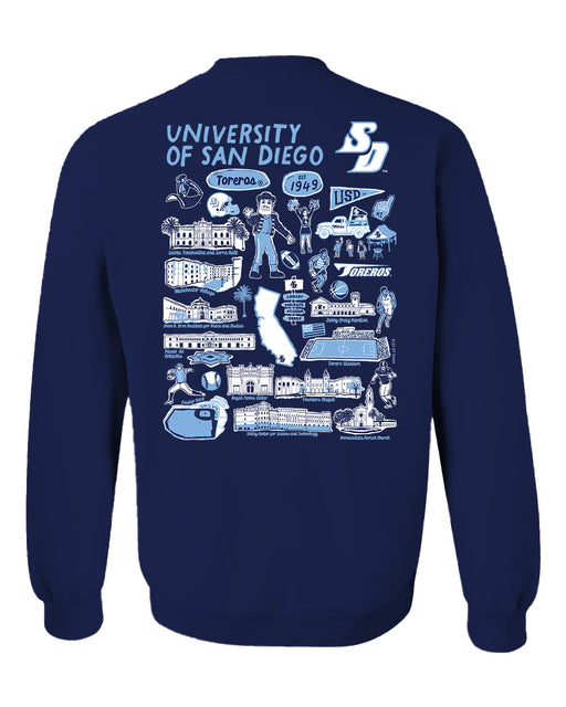 San Diego Toreros Hand Sketched Artwork Navy Crewneck Sweatshirt for Women - Vive La Fête - Online Apparel Store