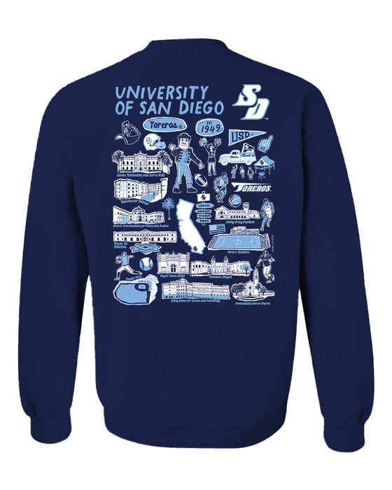 San Diego Toreros Hand Sketched Artwork Navy Crewneck Sweatshirt for Women - Vive La Fête - Online Apparel Store