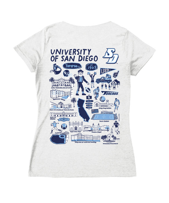 San Diego Toreros Hand Sketched Vive La Fete Impressions Artwork Navy Women Cotton Short Sleeve V-Neck Tshirt