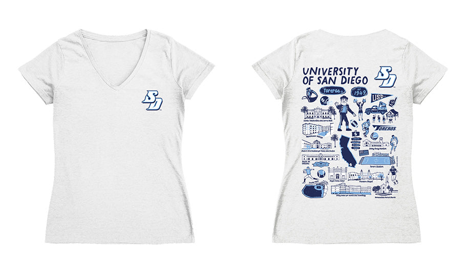 San Diego Toreros Hand Sketched Vive La Fete Impressions Artwork Navy Women Cotton Short Sleeve V-Neck Tshirt