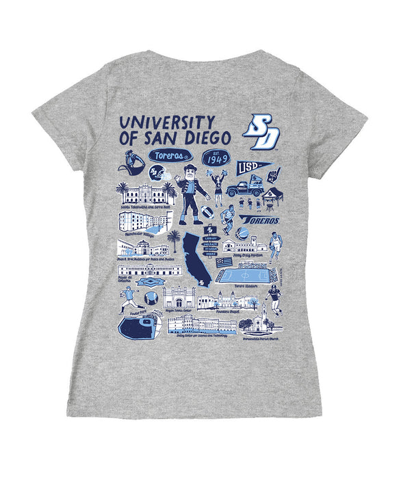 San Diego Toreros Hand Sketched Vive La Fete Impressions Artwork Navy Women Cotton Short Sleeve V-Neck Tshirt