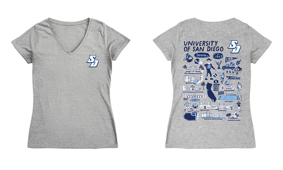 San Diego Toreros Hand Sketched Vive La Fete Impressions Artwork Navy Women Cotton Short Sleeve V-Neck Tshirt