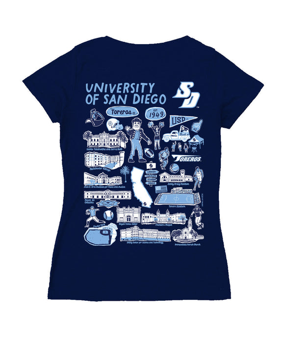 San Diego Toreros Hand Sketched Vive La Fete Impressions Artwork Navy Women Cotton Short Sleeve V-Neck Tshirt
