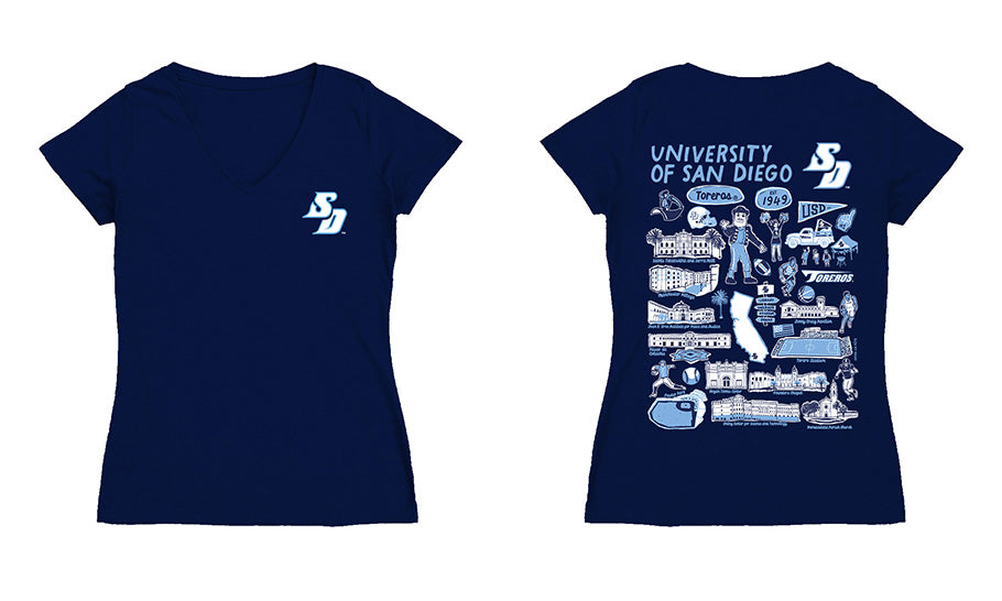 San Diego Toreros Hand Sketched Vive La Fete Impressions Artwork Navy Women Cotton Short Sleeve V-Neck Tshirt