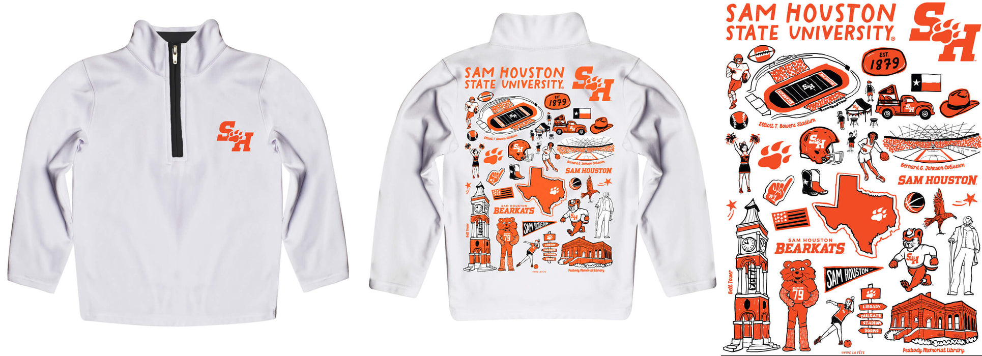 Sam Houston Bearkats Hand Sketched Vive La Fete Impressions Artwork White Boys Quarter Zip Pullover V1 - Vive La Fête - Online Apparel Store