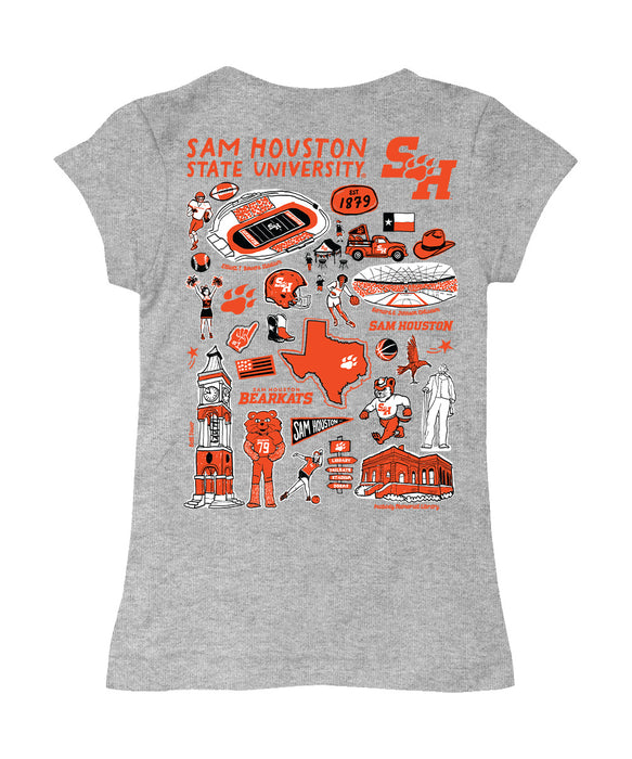 Sam Houston Bearkats Hand Sketched Vive La Fete Impressions Artwork Grey Girls Cotton Short Sleeve Tee - Vive La Fête - Online Apparel Store