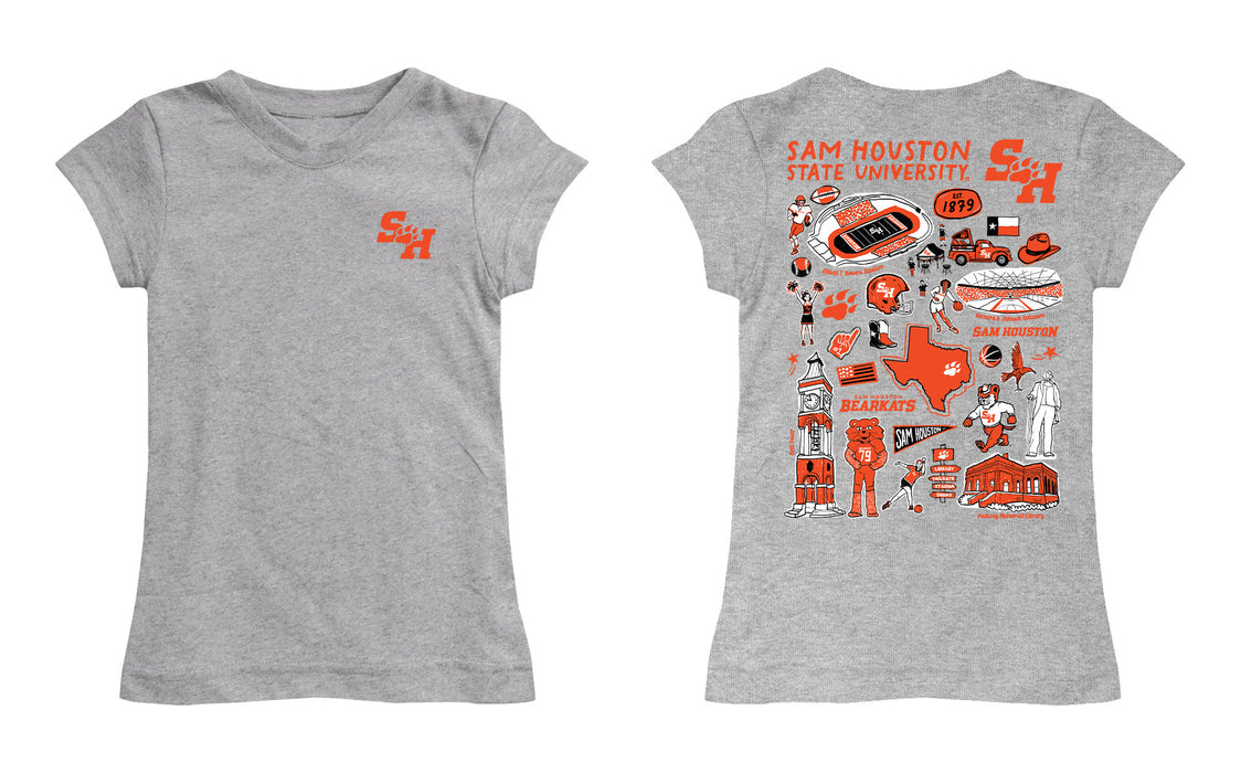 Sam Houston Bearkats Hand Sketched Vive La Fete Impressions Artwork Grey Girls Cotton Short Sleeve Tee - Vive La Fête - Online Apparel Store
