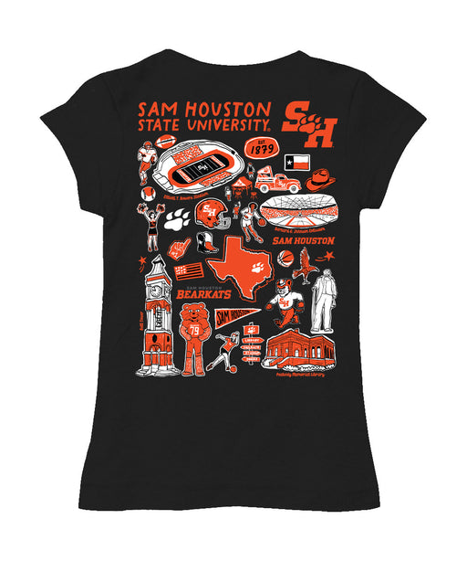 Sam Houston Bearkats Hand Sketched Vive La Fete Impressions Artwork Black Girls Cotton Short Sleeve Tee - Vive La Fête - Online Apparel Store