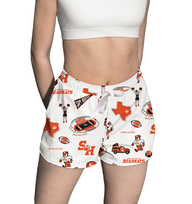 Sam Houston Bearkats Repeat Print Hand Sketched Vive La Fete Impressions Artwork Womens White Lounge Shorts