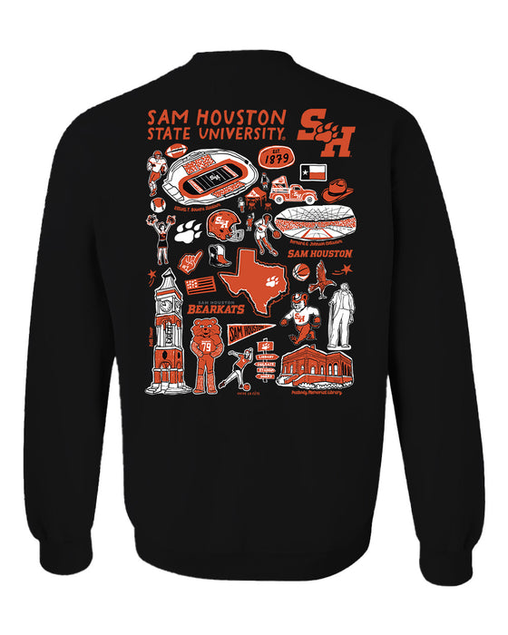 Sam Houston Bearkats Hand Sketched Artwork Black Crewneck Sweatshirt for Women - Vive La Fête - Online Apparel Store