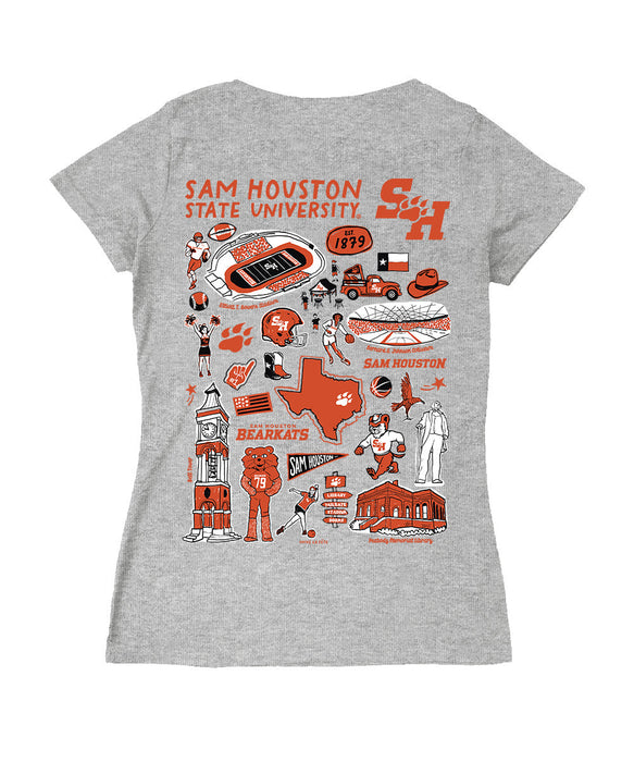 Sam Houston Bearkats Hand Sketched Vive La Fete Impressions Artwork Black Women Cotton Short Sleeve V-Neck Tshirt