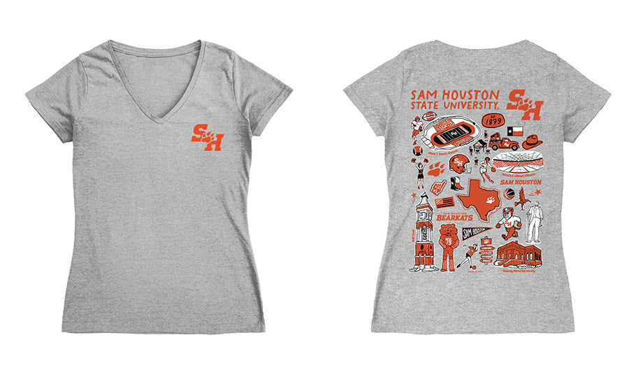 Sam Houston Bearkats Hand Sketched Vive La Fete Impressions Artwork Black Women Cotton Short Sleeve V-Neck Tshirt