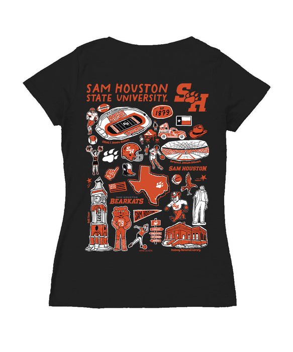 Sam Houston Bearkats Hand Sketched Vive La Fete Impressions Artwork Black Women Cotton Short Sleeve V-Neck Tshirt