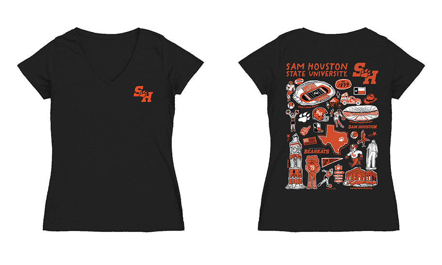 Sam Houston Bearkats Hand Sketched Vive La Fete Impressions Artwork Black Women Cotton Short Sleeve V-Neck Tshirt