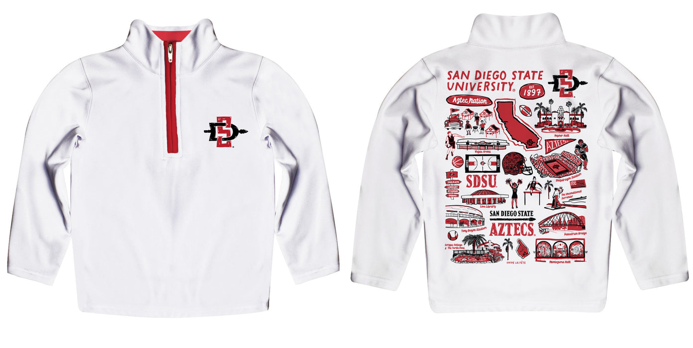 San Diego State University Aztecs SDSU Hand Sketched Vive La Fete Impressions Artwork White Boys Quarter Zip Pullover V1 - Vive La Fête - Online Apparel Store