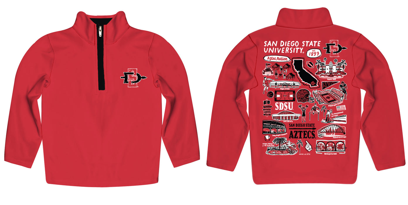 San Diego State University Aztecs SDSU Hand Sketched Vive La Fete Impressions Artwork Red Boys Quarter Zip Pullover V1 - Vive La Fête - Online Apparel Store