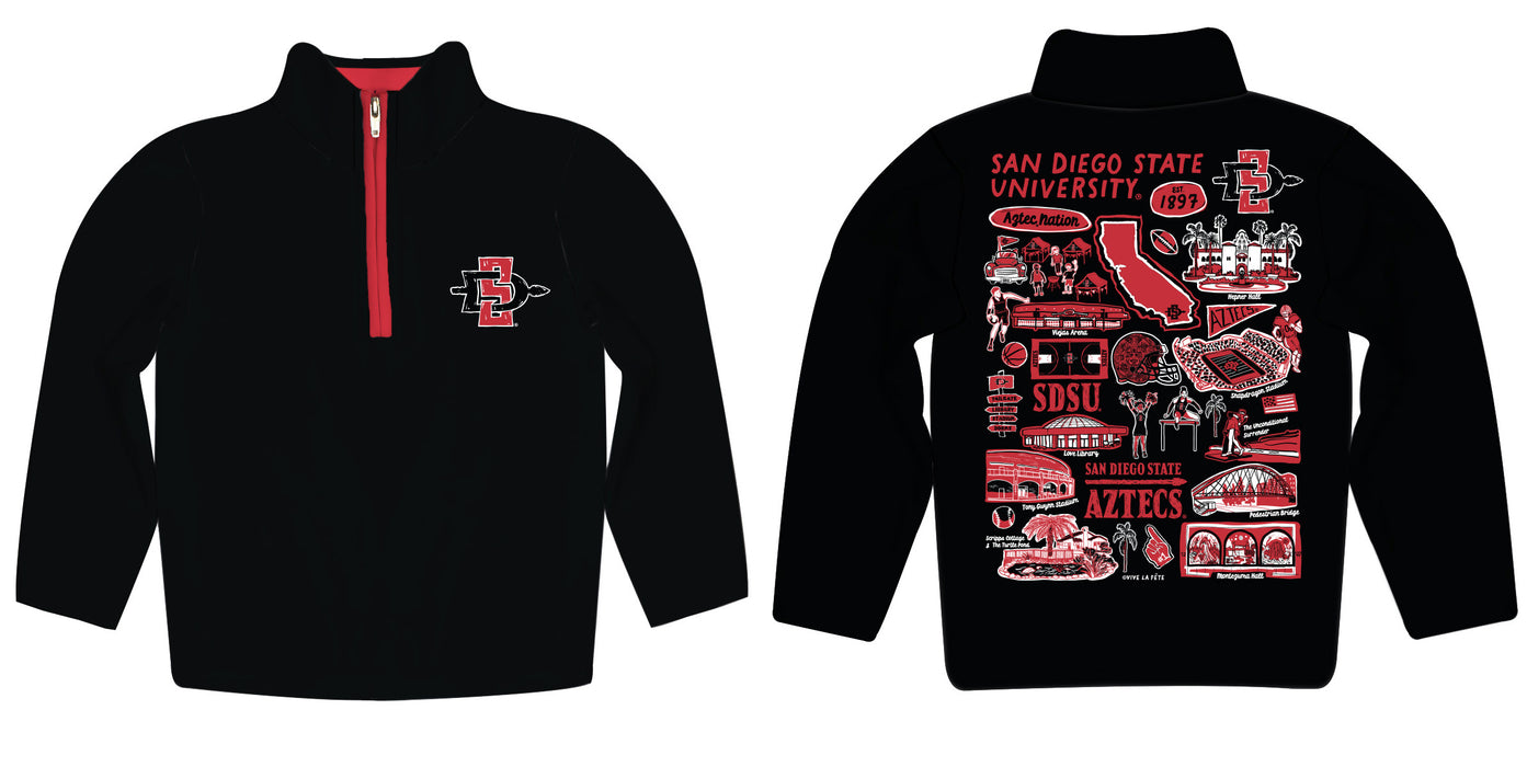 San Diego State University Aztecs SDSU Hand Sketched Vive La Fete Impressions Artwork Black Boys Quarter Zip Pullover V1 - Vive La Fête - Online Apparel Store