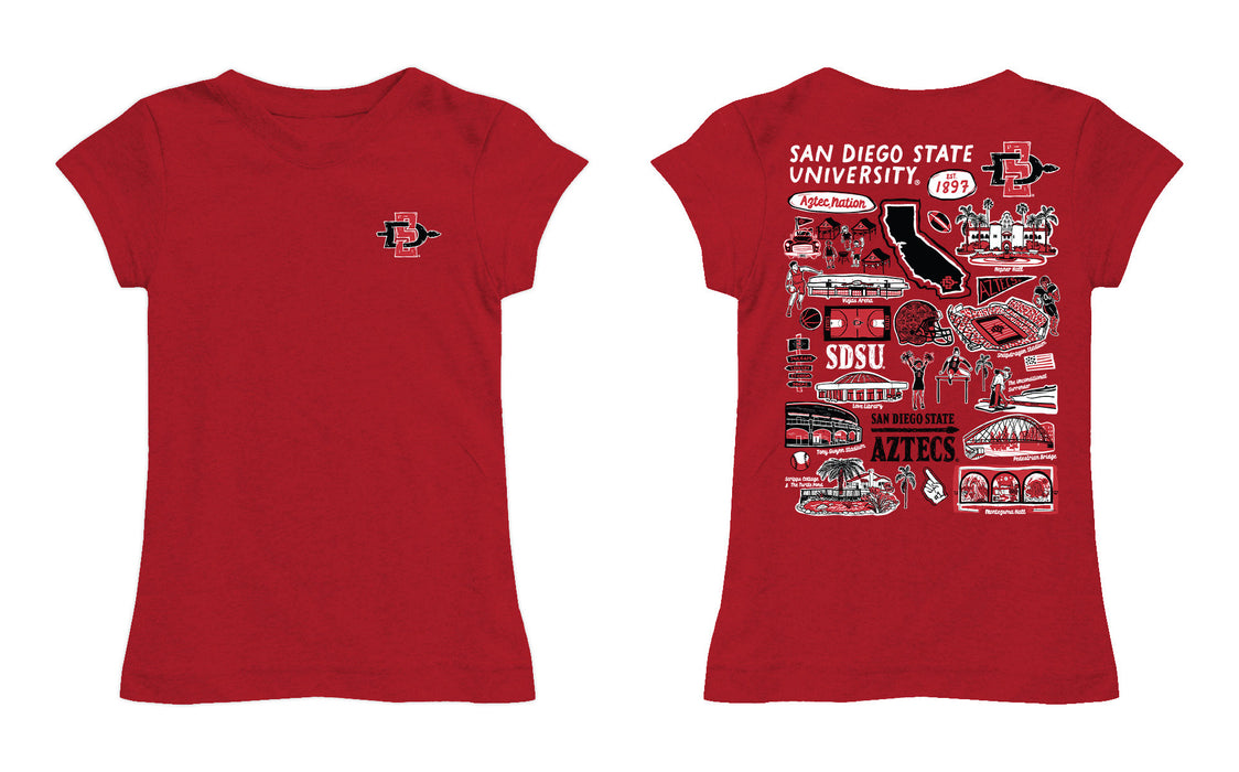 San Diego State Aztecs SDSU Hand Sketched Vive La Fete Impressions Artwork Red Girls Cotton Short Sleeve Tee - Vive La Fête - Online Apparel Store