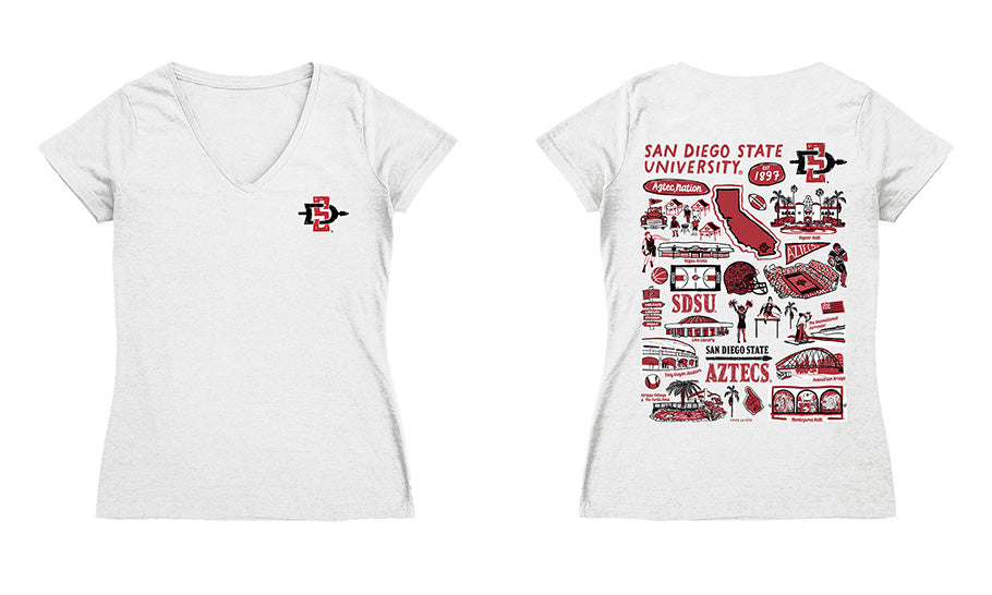San Diego State Aztecs SDSU Hand Sketched Vive La Fete Impressions Artwork Black Women Cotton Short Sleeve V-Neck Tshirt