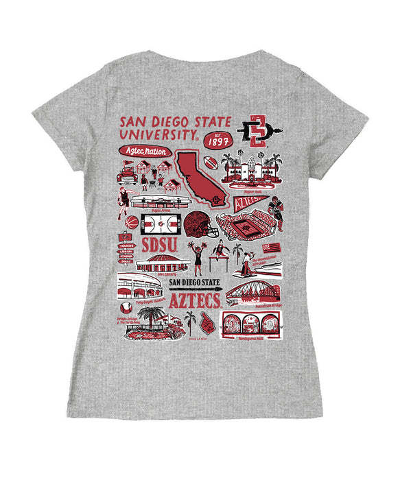 San Diego State Aztecs SDSU Hand Sketched Vive La Fete Impressions Artwork Black Women Cotton Short Sleeve V-Neck Tshirt