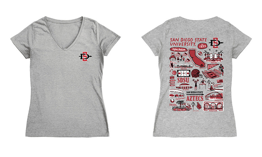 San Diego State Aztecs SDSU Hand Sketched Vive La Fete Impressions Artwork Black Women Cotton Short Sleeve V-Neck Tshirt