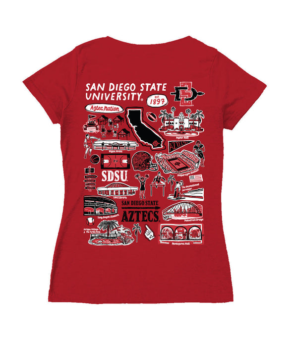San Diego State Aztecs SDSU Hand Sketched Vive La Fete Impressions Artwork Black Women Cotton Short Sleeve V-Neck Tshirt