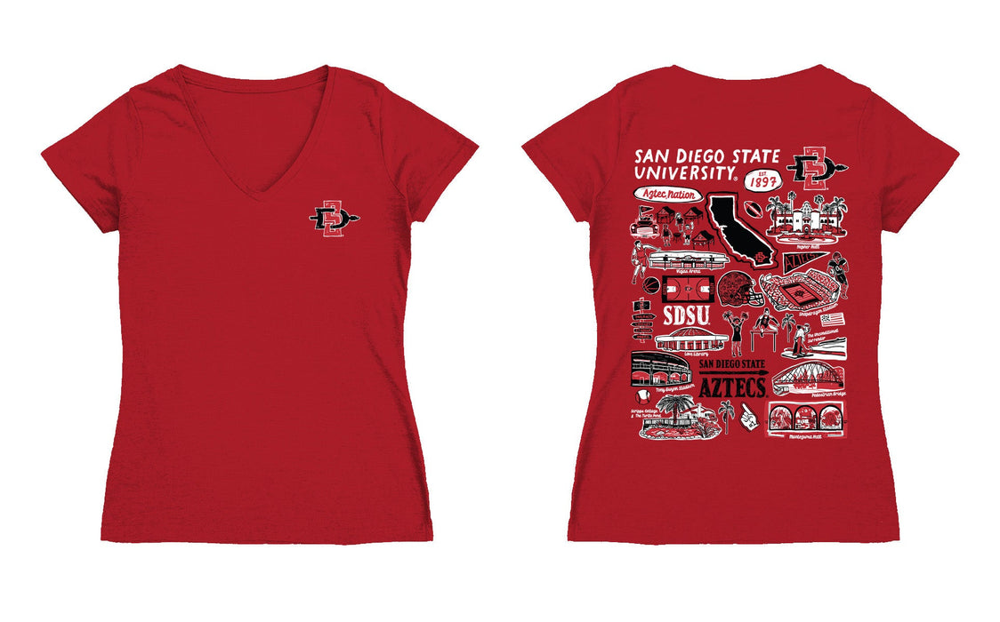 San Diego State Aztecs SDSU Hand Sketched Vive La Fete Impressions Artwork Black Women Cotton Short Sleeve V-Neck Tshirt